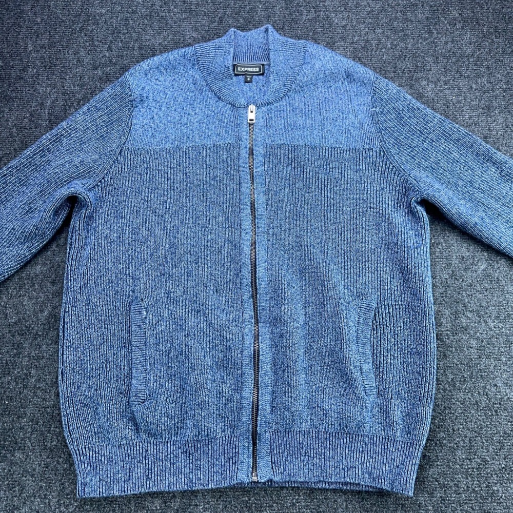Express Mens Blue Ribbed Full Zip Bomber Cardigan Sweater Wool Blend Medium